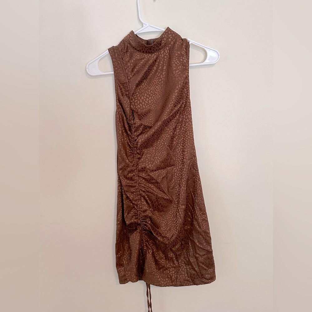 Mock- neck, scrunch, brown mini dress